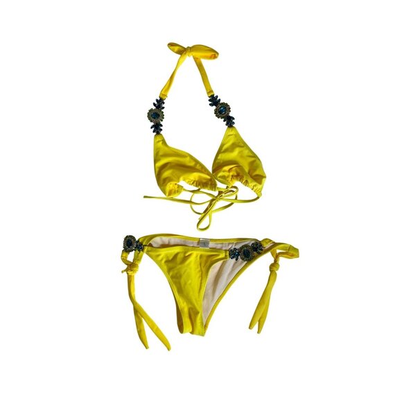 Yellow Bikini Large Blue Rhinestones Gems Sexy Swimsuit Bathing Suit Beach Pool - Picture 4 of 7